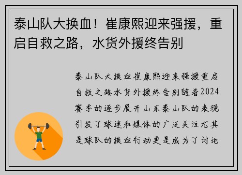 泰山队大换血！崔康熙迎来强援，重启自救之路，水货外援终告别