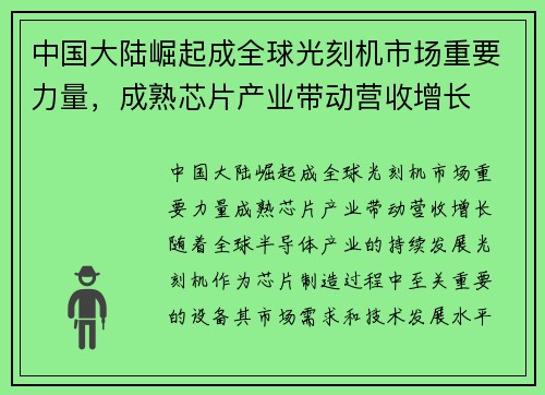 中国大陆崛起成全球光刻机市场重要力量，成熟芯片产业带动营收增长