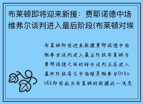 布莱顿即将迎来新援：费耶诺德中场维弗尔谈判进入最后阶段(布莱顿对埃弗顿历史比分)