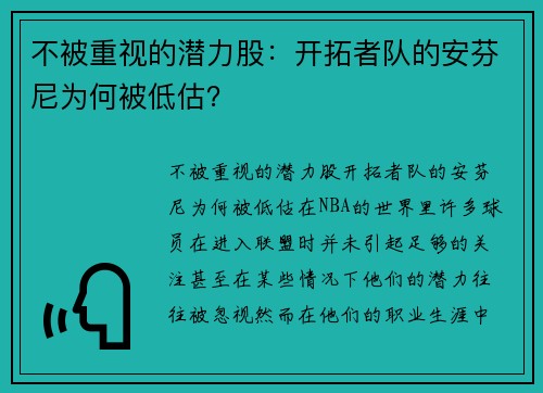 不被重视的潜力股：开拓者队的安芬尼为何被低估？